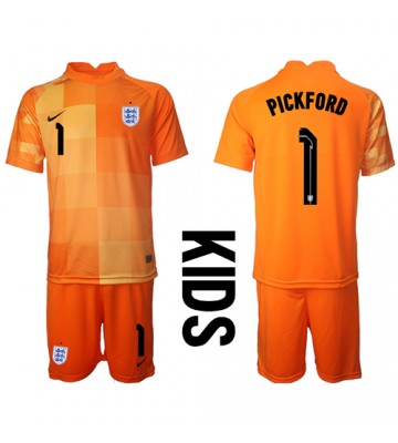 Anglia Jordan Pickford #1 Bramkarskie Koszulka Wyjazdowych Dziecięca MŚ 2022 Krótki Rękaw (+ Krótkie spodenki)